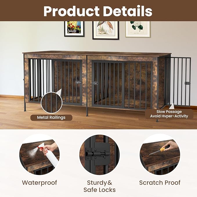 Dog Crate Furniture 78" for 2 Dogs Sturdy Heavy Duty Dog Kennel Solid Metal Tube Thick Wooden with 3 Lockable Doors XXL Double Dog Cage Large Breed as End Table for Large Dogs Rustic Brown