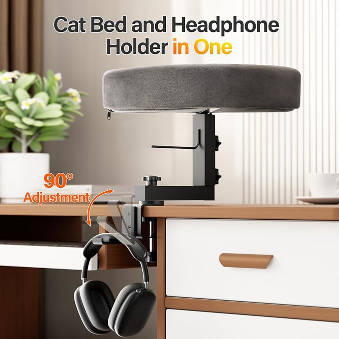2-in-1 Cat Bed Desk Mount & Headphone Hanger – Adjustable Cats Hammock Bed for Desk, Cat Beds & Furniture for Home Office or Gaming Setup