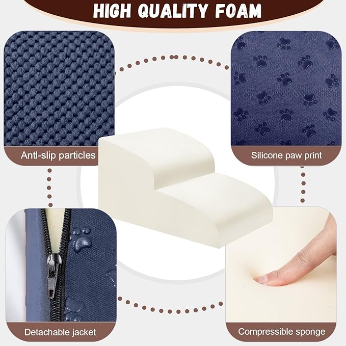 Dog Stairs for Small Dogs - High Density Foam Pet Steps, Extra Wide Dog Ramp with Non-Slip Bottom for High Beds, Couch and Sofa, Best for Dogs Injured, Older Doggy Cats,2 Steps, Navy