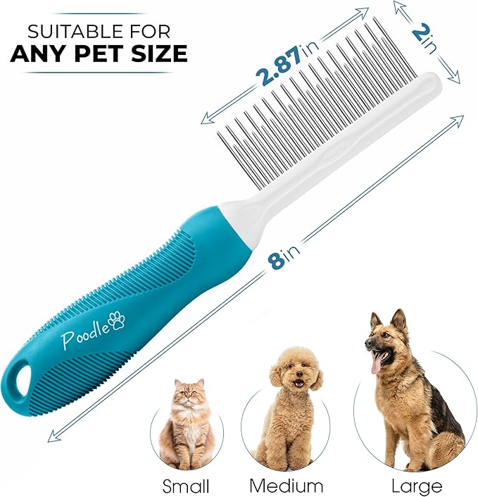 Poodle Grooming Comb - Metal Dematting Comb with Long & Short Stainless Steel Teeth for Removing Matted Hair & Knots, Safe and Gentle for Dogs & Cats