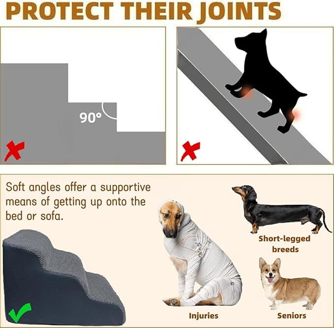 Dog Stairs & Pet Ramp for Small/Large Dogs to High Beds/Couches - 5 Steps 24-inch Height for 18-30 inch Furniture, 2 Washable Covers (Brown, Grey), Non-Slip Balanced 33D Design for Old Dogs & Cats