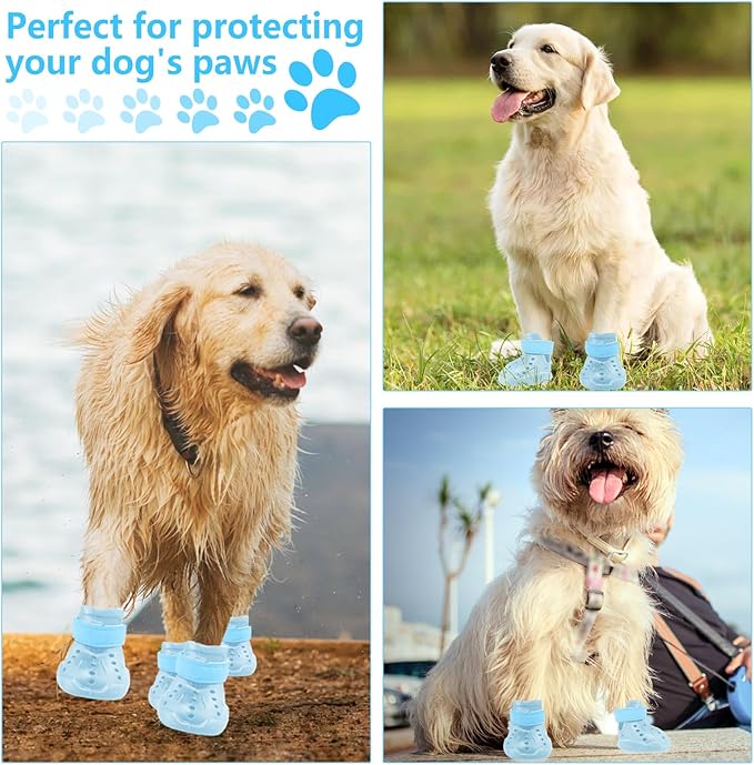 Dog Shoes, Dog Sandals for Hot Pavement, Non-Slip Waterproof Dog Booties for Winter Snowy Day and Summer, Adjustable Straps Easy-Clean Beach Outdoor Pet Boots Rugged Sole-4Pcs Blue