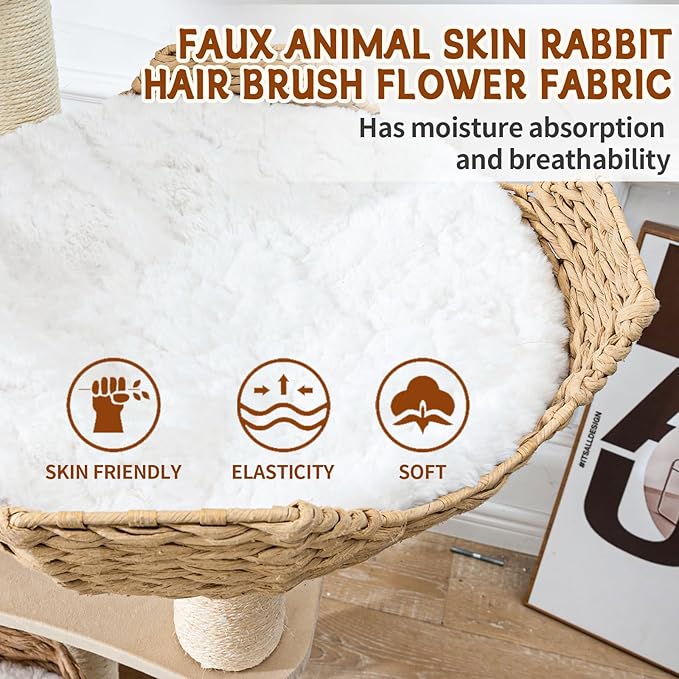 Big Modern Design Cat Tree Tower with White Cloud Mat, Unique Cat Supplies Tower with Scratching Post, Cute Wood Cat Tree Cat Furniture Activity Centre for Indoor Big Cats
