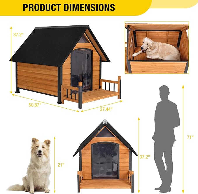 Outdoor Dog House with All-Around Insulated Liner Weatherproof Puppy Shelter Indoor Dog Kennel, Anti-Bite Dog Home for Large Breed with Porch (Brown, Large)
