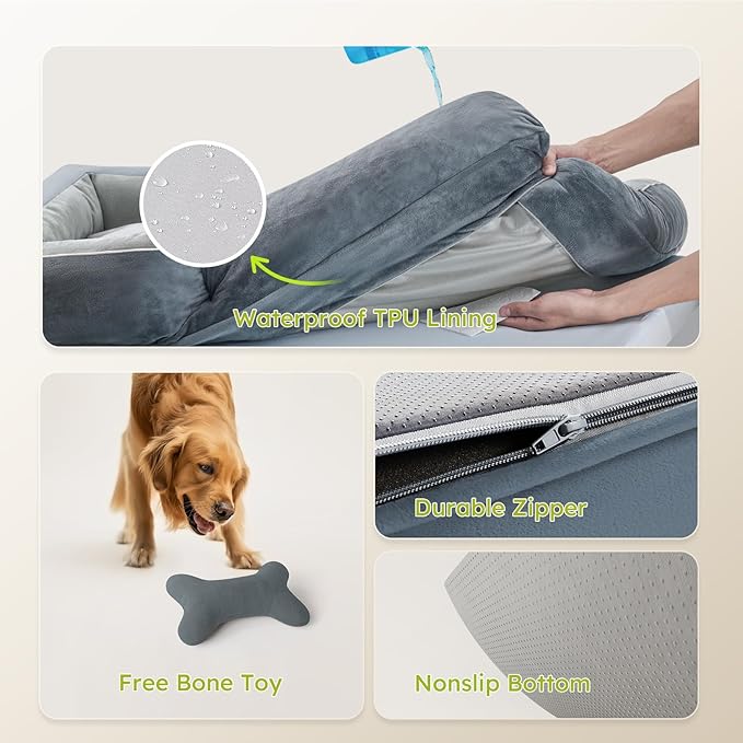 Dog Beds for Large Dogs, Orthopedic Dog Bed with Cooling Gel Memory Foam, Waterproof Large Pet Bed with Removable Washable Cover, 36" Pet Sofa Couch Dutch Velvet with Bone Toy, Dark Gray