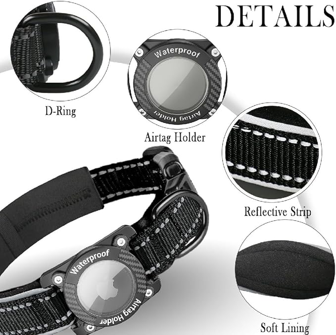 Upgraded AirTag Dog Collar, IP68 Waterproof Dog Collar with Apple Air Tag Holder, Reflective Adjustable Heavy Duty Dog Collars with Soft Padded for Small, Medium and Large Dogs,Black, S