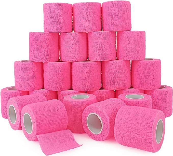 24 Rolls Pink Elastic Self Adhesive Bandage Wrap, Breathable Flexible Fabric Non Woven Cohesive Bandage, Ankle Sprains Swelling Medical First Aid Sports Athletic Tape, Dogs Pet Vet Wrap 2 in x 5 Yards