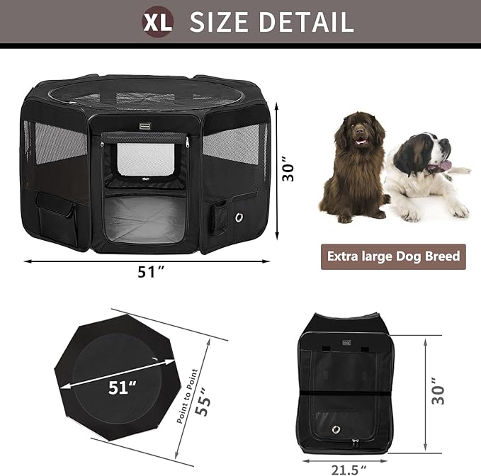 DONORO Dog Playpen Portable Pet Play Pens for Small Dog/Cat/Rabbit/Chicks, Cat Playpen Indoor/Outdoor with Carring Case, Removable Zipper Top and Bottom (Black, Extra Large (55"x55"x30"), 8)