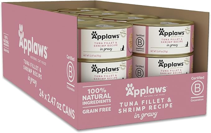 Applaws Natural Wet Cat Food in Gravy, Limited Ingredient Canned Wet Cat Food, No Additives, Made with Natural Ingredients, Tuna Fillet & Shrimp in Gravy (24 x 2.47oz Cans)