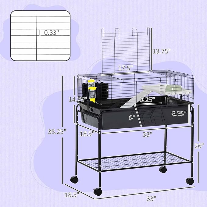 PawHut Two-Story Small Animal Cage Removable from Stand, Guinea Pig Cage with Shelf & Wheels, Pet Habitat for Hedgehog, Chinchilla, Ferret, 33" x 18.5" x 35", Black