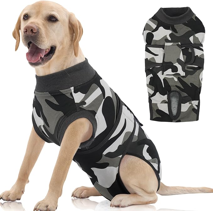 FUAMEY Dog Recovery Suit Male,Dogs Surgery Neuter Suits Puppy Spay Shirts for Female Protect Dog's Skin Anti Licking Abdominal Wounds Doggie Onesie Pet Bodysuit Alternative to Cone Grey Camouflage XL