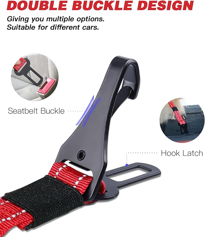 AUBELL Dog Seat Belt for Car,Updated 3-in-1 Adjustable Reflective Bungee Heavy Duty Dog Car Harness Tether with Clip Hook Latch & Buckle,Swivel Zinc Alloy Carabiner,Red