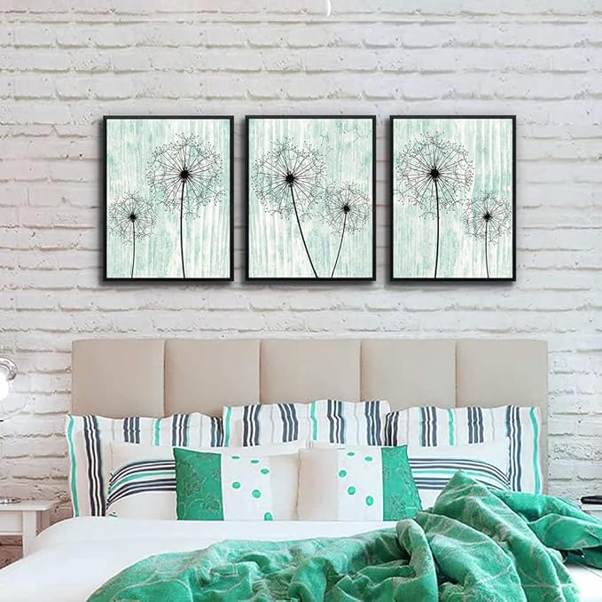 AHUASJART Black Framed Wall Art for Living Room Wall decor for Bedroom Room Decor light green background Pictures Dandelion Paintings posters kitchen Home Decorations 3 Piece Framed Prints Artworks