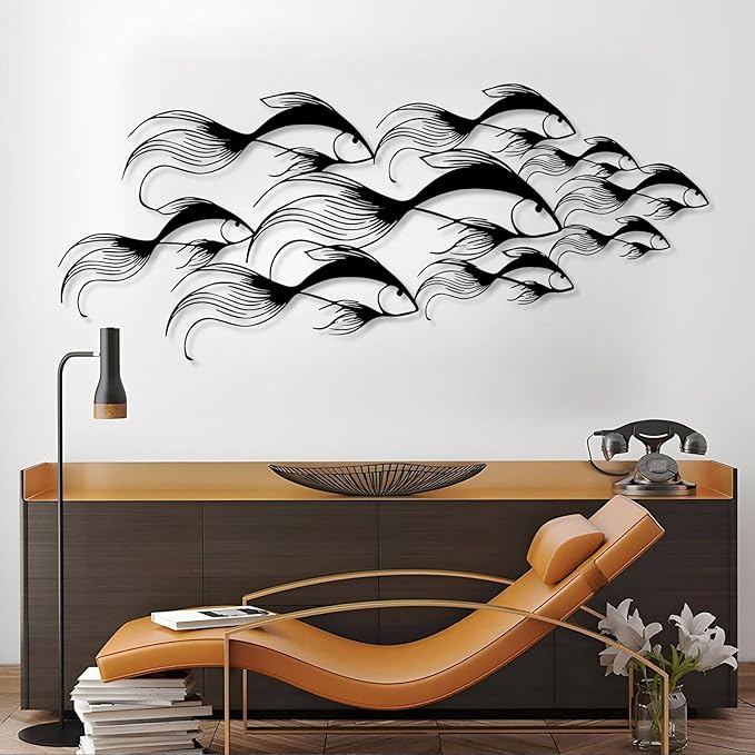 School of Fish Metal Wall Art, Metal Fish Wall Decor, Sea Life Wall Art, Large Nautical Wall Hanging, Modern Beach House Wall Decor, Ocean Themed Artwork for Bathroom (White, 48"x20" | 121x51cm)
