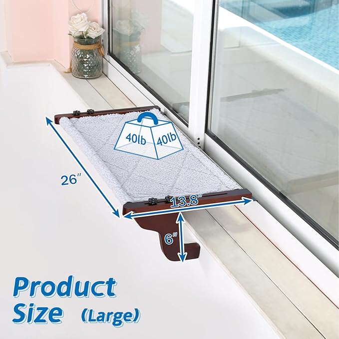 Easy Seat Cat Perch for Window Sill - Hammock Design w/Premium Wood & Robust Metal Frame - Cat Window Seat for Large Cats and Kittens (Dark Stained Wood w/Gray Bed, Large (26''W x 14''D))