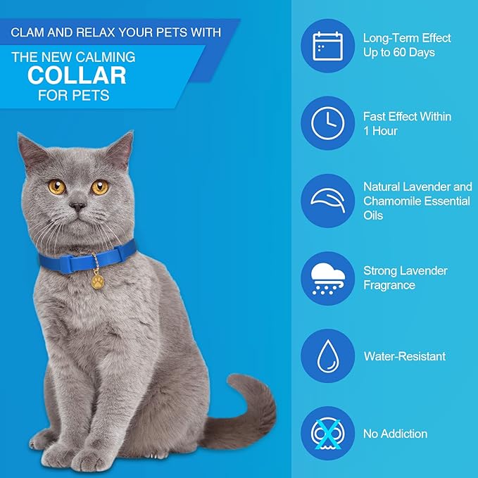 4 Pcs Cat Calming Collar Adjustable Lavender Scent Relaxing Cat Collar with 2 Pendant for Puppies Reduce Stress Aggression Anxious, up to 15 Inches(Blue)