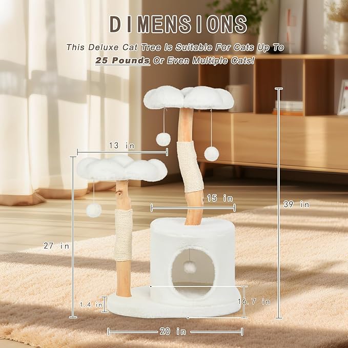 Cute Cat Tree Tower for Indoor Cats Adult, Wood Flower Cat Trees with 6 Pompoms, Modern Cat Tree Tower with Scratching Post, Aesthetic Luxury Cat Condo for Cats Kitten, Alpine White