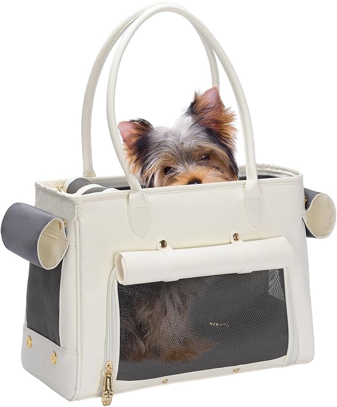 Fashion Pet Carrier Purse for Small Cat and Dog, Luxury Pu Soft-Sided Tote Bag with Large Pockets for Dogs and Puppies (White, 15.8" L x 7.5" W x 11.8" H)