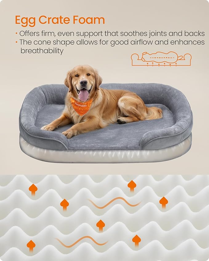 Feandrea Dog Bed, Large Orthopaedic Dog Sofa Bed, 42 x 30 x 7 Inches, Egg Crate Foam, Waterproof Liner, Raised Edges, Removable and Machine Washable Cover, Non-Slip, Light Gray UPGW283G01