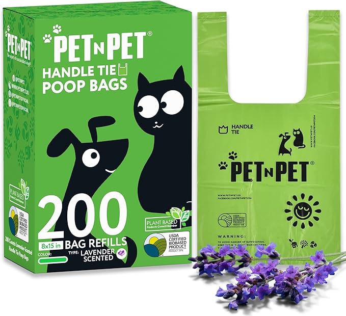 Pet N Pet 200 Counts Lavender Scented Dog Poop Bags Rolls with Tie Handles, 38% Plant Based & 62% PE Poop Bags for Dogs, Extra-Thick Doggie Poo Bag, Pet Waste Bag