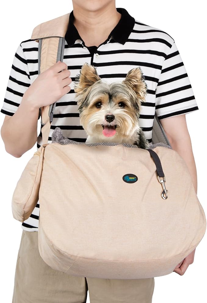 Ownpets Pet Sling Carrier, Fits 15 to 25lbs Extra-Large Dog/Cat Sling Carrier Reversible and Hands-Free Dog Bag with Adjustable Strap and Pocket Shoulder Pad, Beige