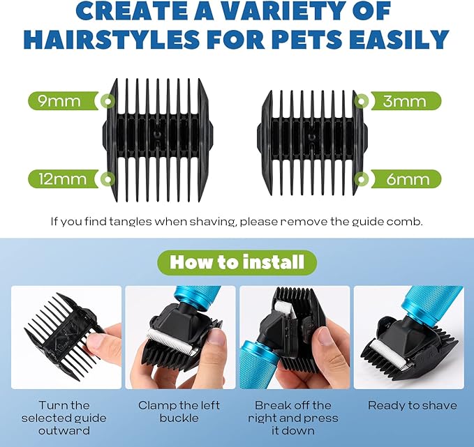 Pet Grooming Clippers 200W LuzRise (118'' Power Cord Plug-in, Stepless Speed Control, Low Noise< 50db, Heavy-Duty Commercial Grade, with Extra Blade & 2 Guide Combs of 4 Sizes, for Dog, Cat and More)