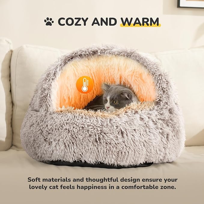 CATISM Plush Hooded Cat Bed, Calming Nest, Self-Warming Cave, Cozy Pod for Indoor Cats or Small Dogs, Removable Washable Cove With Non-Slip Bottom