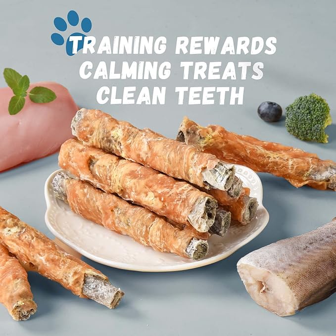 Dog Treats Chicken Wrapped Cod Fish Skin Sticks, Healthy High Protein Omega3 Cod Twist Dog Chews Real Chicken Wrap Teeth Cleaning for Large Medium Small Breeds, 10.6 oz