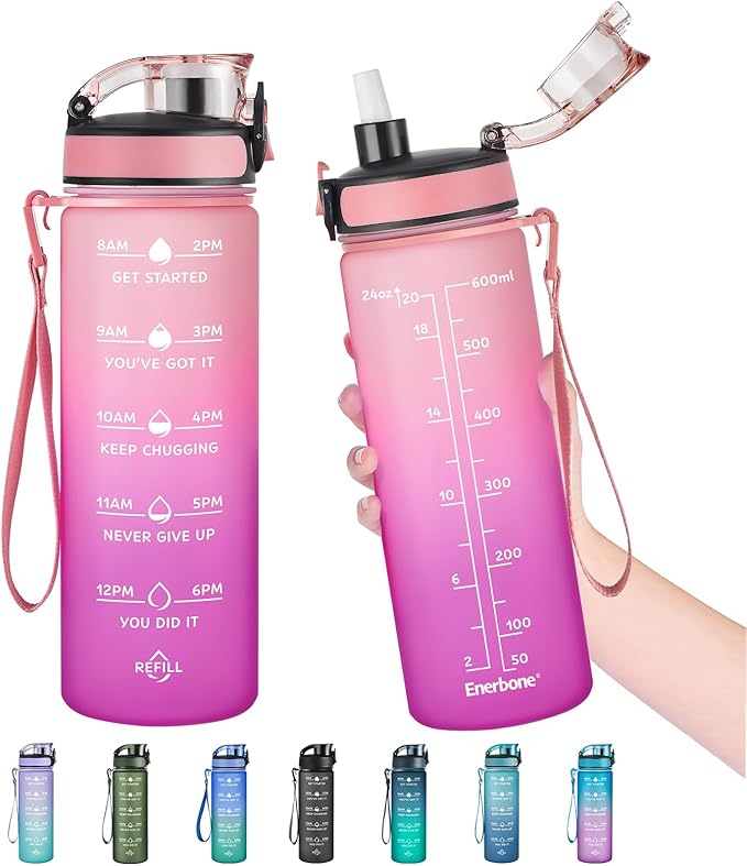 Enerbone Water Bottle, Leakproof BPA & Toxic Free, Motivational Water Bottle with Times to Drink and Straw, Fitness Sports Water Bottle with Strap for Office, Gym, Outdoor Sports