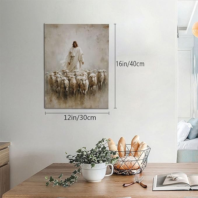 Jesus and Lamb Wall Art Christian Jesus Lamb Canvas Wall Decor Christ Religious Pictures painting Print Framed Artwork Decorations Gifts for Living Room Bedroom Prayer Room Church 12"x16"