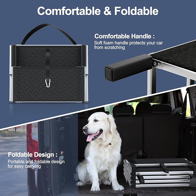 Dog Stairs for Car, Foldable Dog Ramp for Car with Non-Slip Surface, Portable Stairs Aluminum SUV, High Beds, Truck, Supports up to 150 lbs, 4 Steps