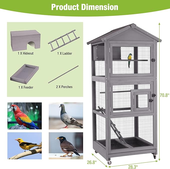 GUTINNEEN Large Bird Cage Outdoor Wooden Aviary Indoor on Wheels, with Play Stand, Perches, Nest Habitat & Wire Mesh Tray for Easy Cleaning