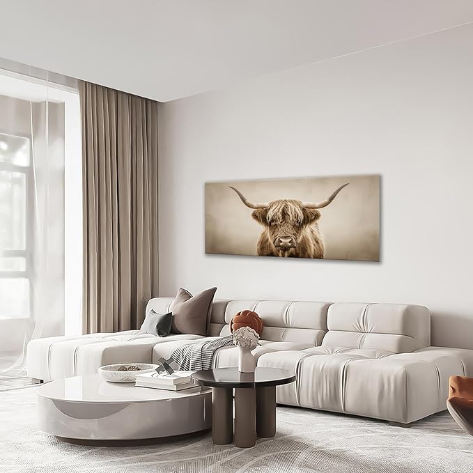 Large Highland Cow Wall Art Farmhouse Country Extra Canvas Living Room Oversize Western Cattle Wall Decor Pictures Framed Prints Animal Painting Artwork for Bedroom Dining 60"x30"