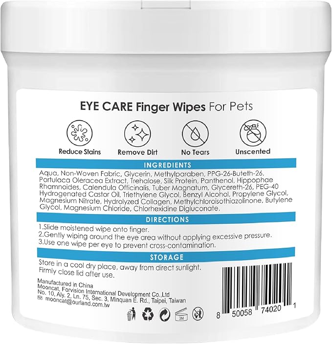 Mooncat Pet Eye Wipes for Dogs & Cats - Gentle Finger Cot Design for Easy Cleaning Tear Stains & Goop Cleaning - 40counts