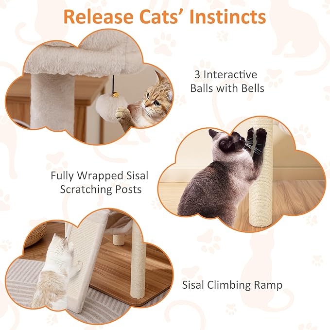 PETSITE 68 Inch Modern Tall Cat Tree for Indoor Cats, Multi-Level Wooden Cat Tree Tower with Sisal Scratching Posts, 3 Top Perches, Cat Condo, Comfy Hammock, Sisal Ramp, and Jingling Balls