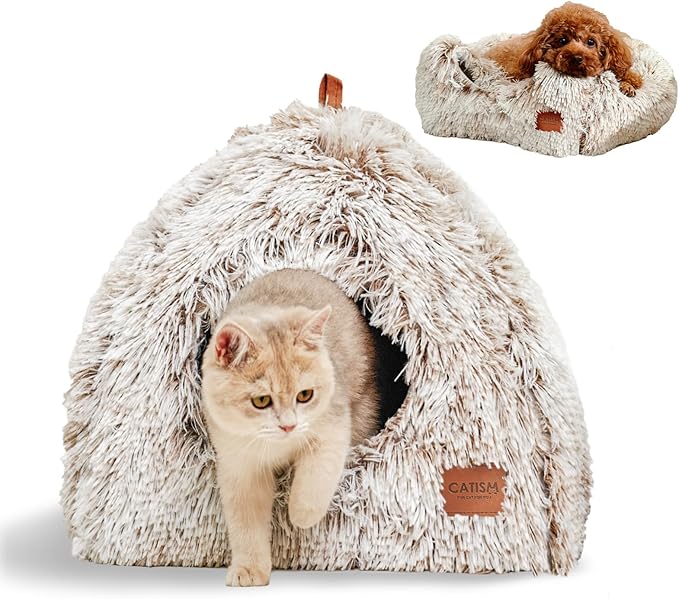 CATISM Cat Bed, Cat Cave for Indoor Cats, Soft Cat Dome, Self-Warming 2 in 1 Foldable Pet Cat House with Washable Cushioned Pillow Calming Fluffy Dog Beds for Small Dogs with Anti-Slip Bottom Brown