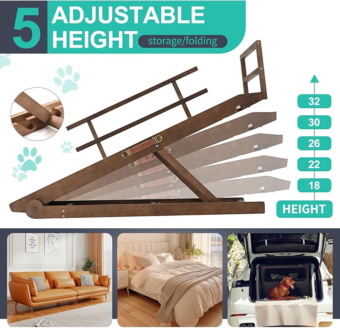 Dog Ramp, 5 Level Adjustable Height Folding Pet Ramp for High Bed, Portable Paw Ramps Large Bed Ramp for Medium & Large Old Dogs & Cats - Natural Wood Furniture Quality