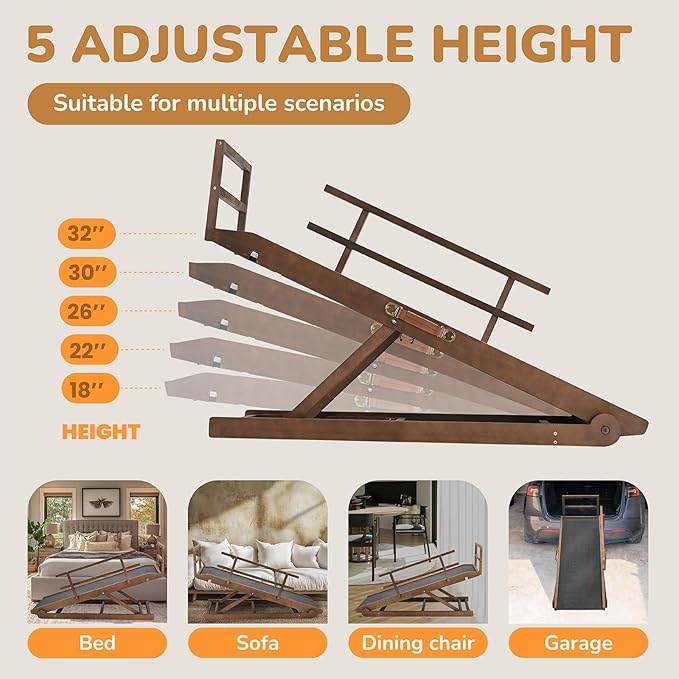 Dog Ramp for Bed, 5 Level Adjustable Dog Ramp for High Beds, Upgrade Rubber Mat High Traction Ramp with Safety Rails, Folding Pet Ramp for Bed, Couch,SUV, Natural Wood Pet Ramp for Small & Old Dogs