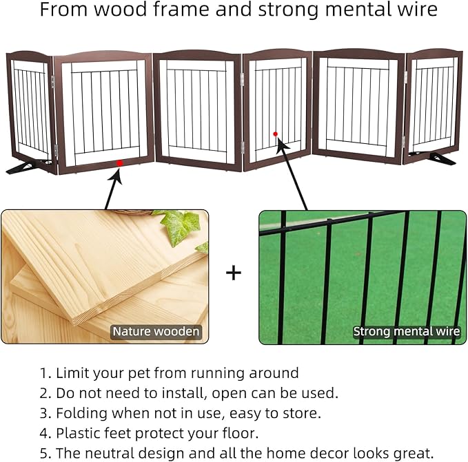 ZJSF Freestanding Dog Fence Indoor, Foldable Dog Gate for Doorways, Stairs or Hallways, Sturdy Wood Extra Wide Pet Gate with Support Feet for The House, Brown, 24 "Height-6 Panels