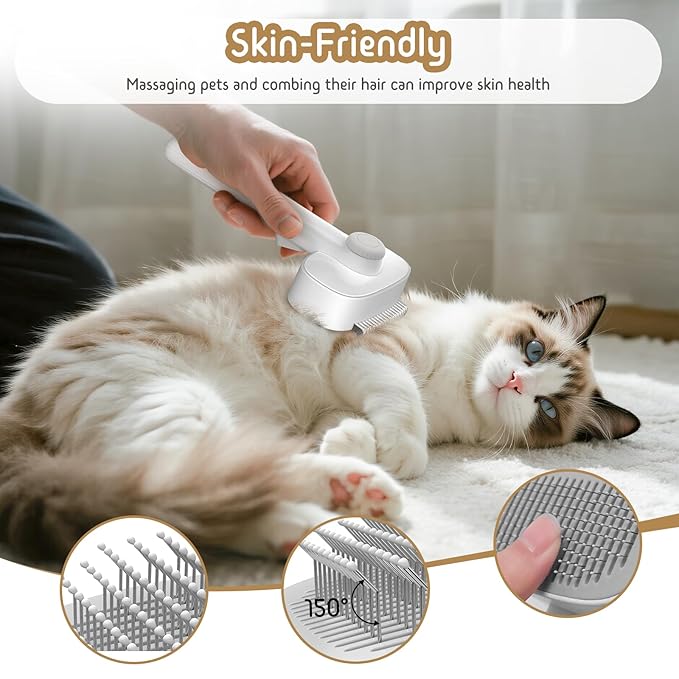 Self Cleaning Slicker Brush, 2-in-1 Cat Brush for Shedding, Skin Friendly Grooming Tool for Long & Medium-Long Hair Pets, Adjustable Bristle Length with Dematting Comb for Cats, Dogs