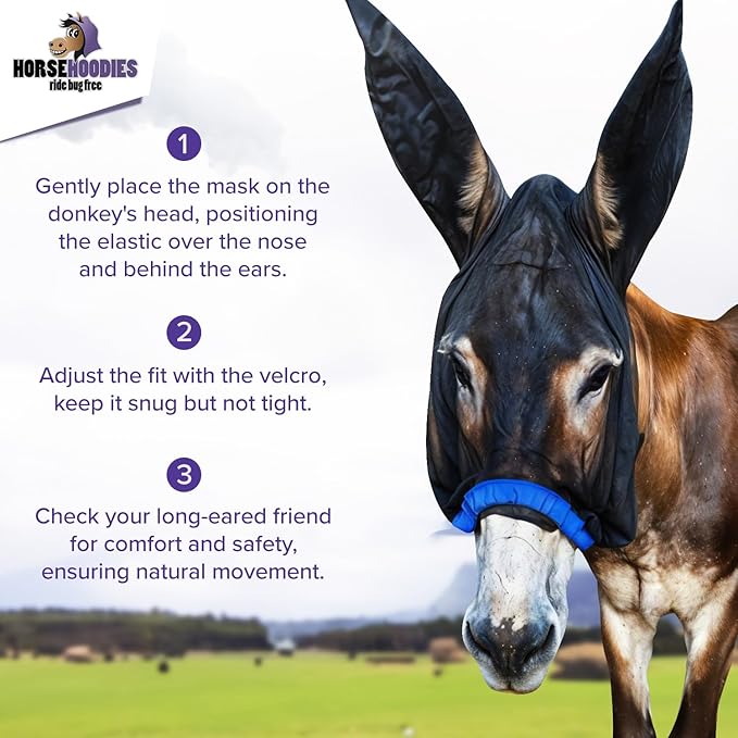 Donkey Fly Mask with Long Ears (Orange) Half Hoodie for Standard Donkey, Made in USA - Mule Fly Mask with Ears Protection from Insects and Bugs, Face Cover Soft Mesh Fabric with Adjustable Fastener