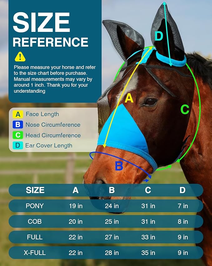 Hilltown Adjustable Fly Mask for Horse with Ears - UV-Block, Large Eye Space, Breathable, Built to Last, Comfort Fit - Horse Fly Mask for Daily Stable, Hot Weather Riding & Competition - X-Full, Blue