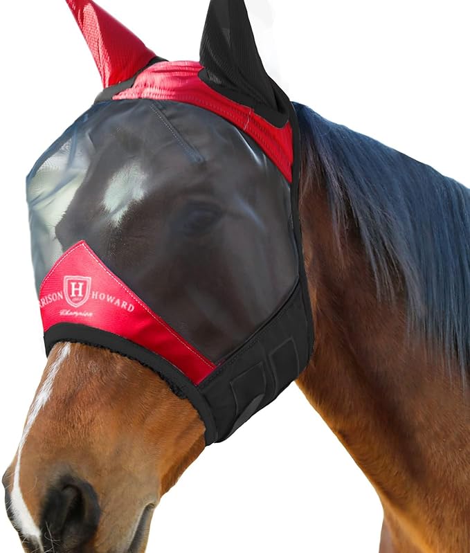 Harrison Howard Pro Luminous Horse Fly Mask Standard with Ears UV Protection for Horse Scarlet Red/Black Large Full Size
