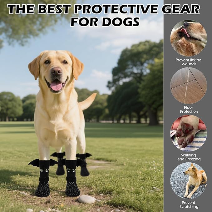 EXPAWLORER Halloween Anti Slip Dog Socks to Prevent Licking Paws, Boots & Paw Protectors with Grippers,Doggie Booties for Hardwood Floors for Small Medium Large Senior Dogs Costume Black Devil Wings L
