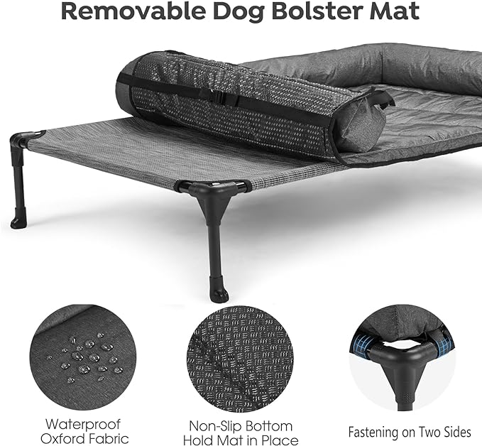 Veehoo Cooling Elevated Dog Bed Add Removable Waterproof Bolster Cushion Mat, Raised Pet Cot with Breathable Teslin Mesh, No-Slip Feet, Dog Couch Bed for Indoor Outdoor, Large, Black Silver
