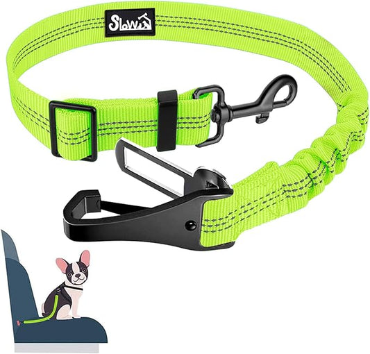 SlowTon Dog Seat Belt, Adjustable Dog Safety Belt Leash, 2 in 1 Latch Bar Attachment Dog Car Seatbelt with Elastic Nylon Bungee Buffer, Reflective Nylon Belt Tether (Lime)