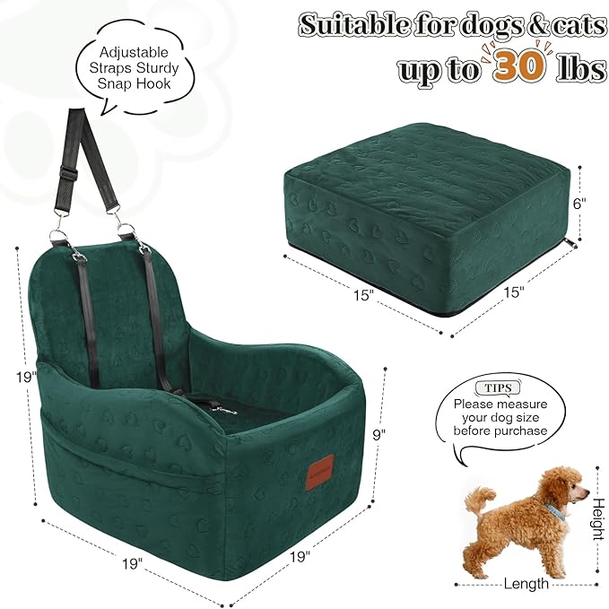 Dog Booster Car Seat for Small/Medium Dogs,6in Elevated Cushion,Fully Detachable and Washable,2 Storage Pockets & 3 Straps,Fits in Front/Back Seat,Easy to Install (Green,Medium)
