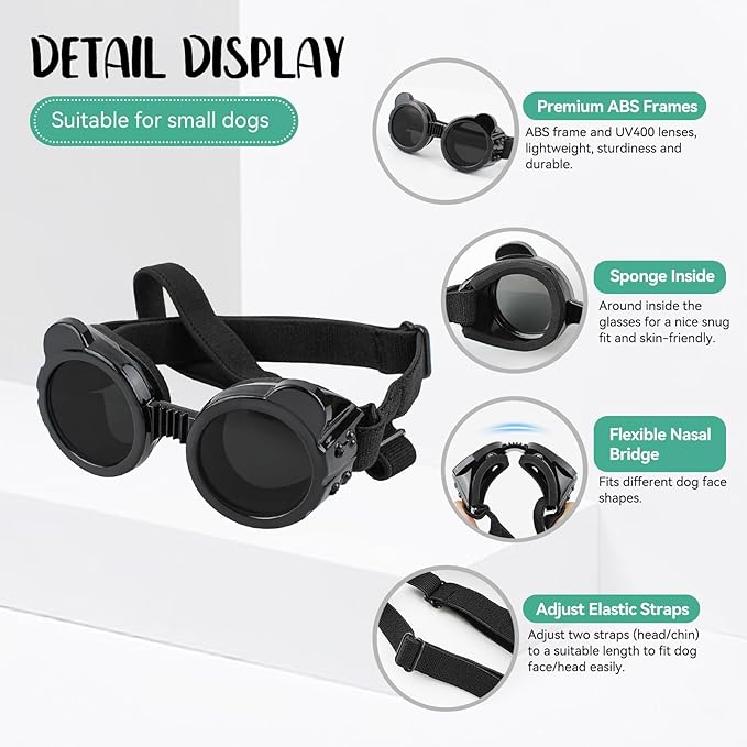 Lesypet Dog Sunglasses Small Breed, Dog Goggles for Small Dogs Eye Protection Windproof Doggie Glasses for Outdoor Driving Hiking UV Protection, Black