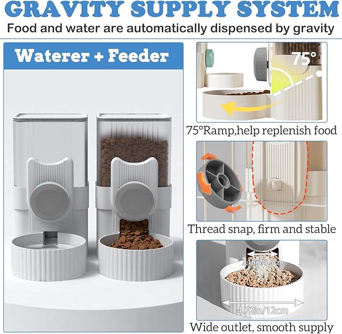 kathson Rabbit Gravity Auto Feeder Set 35oz Hanging Automatic Food Water Dispenser Cage Automatic Feeder Set for Rabbit Chinchilla Guinea Pig Hedgehog Ferret Kitty Puppy (Grey)