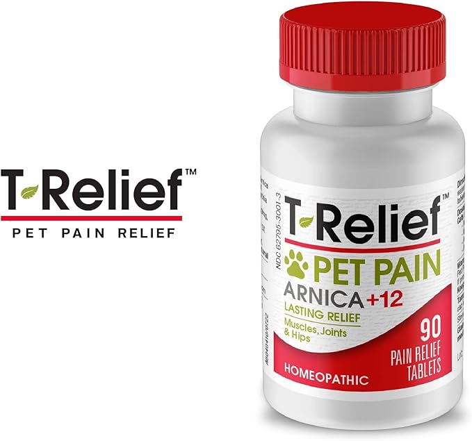 T-Relief Pet Pain Relief Arnica +12 Powerful Natural Medicines Help Ease Muscle Joint & Hip Pain Soreness Stiffness & Injuries Max Fast-Acting Soother for Dogs & Cats - 90 Tablets (2 Pack)